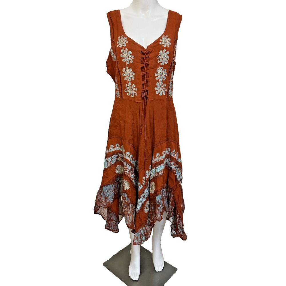Boho Rust Embroidered Dress Lace Up Front Handkerchief Hem Festival Midi Size M